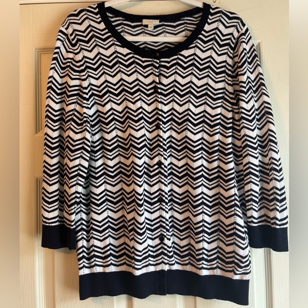 Talbots Navy White Chevron Cardigan Sweater Open Knit Office Twee Casual Preppy
